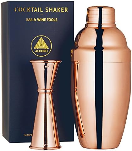 Cocktail Shaker Set by ALOONO: 18oz Weighted Martini Shaker and Japanese Jigger (0.5oz - 2oz), 18/8 Professional Stainless Steel Cocktail Set with Recipes and Greeting Card - Copper Plated