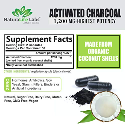 Activated Charcoal Capsules 1,200 mg Highly Absorbent Helps Alleviate Gas & Bloating Promotes