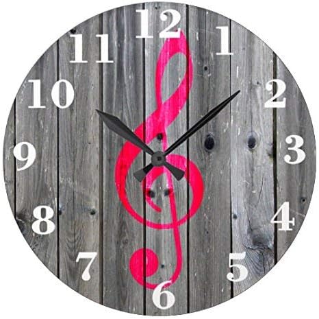 Simpson Rebecca Antique Wood Clock for Bedroom Vintage Hot Pink Music Note Treble Clef Gray Nursery Wood Wall Clock for Bedroom Decor 12 Inch