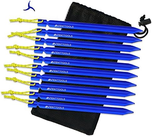 Tent Tools Tent Stakes &amp; Bag by Our Aluminum Camping Stakes for Tents are Curved for Added Strength - 0.5 oz - Reflective Rope - 100% Lifetime (Blue, 10 Stakes)