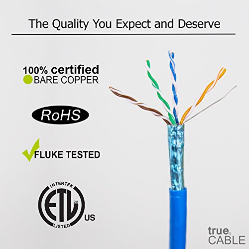 Cat5e Shielded Riser (CMR), 1000ft, Blue, Solid Bare Copper Bulk Ethernet Cable, 350MHz, ETL Listed, 24AWG, Overall Foil Shield (FTP), trueCABLE