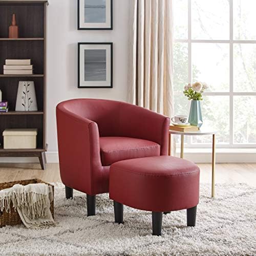 DAZONE Modern Leather Accent Chair Upholstered Arm Chair Linen Fabric Single Sofa Barrel Chair with Ottoman Foot Rest Red