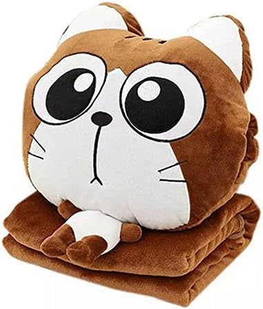 NAS AOSTAR Pillow Blanket Plush Cat Stuffed Animal Toys Throw Pillow and Blanket Set with Hand Warmer Design. (Brown Big Eyes)