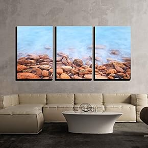 3 Piece Canvas Wall Art - Shore of The Sea, Stones and Flowing Water with Water - Modern Home Art Stretched and Framed Ready to Hang - 16"x24"x3 Panels