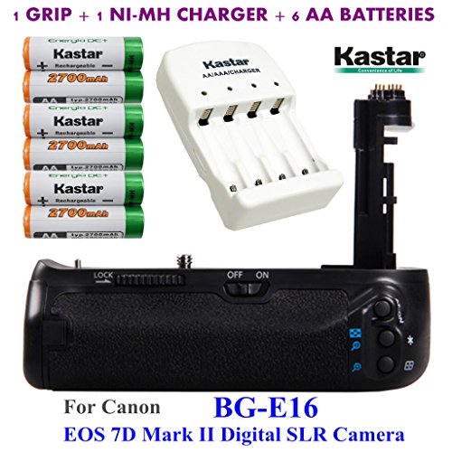 Kastar Pro Multi-Power Vertical Battery Grip (Replacement for BG-E16) + 6x AA NI-MH Batteries(2700mAh) + NI-MH Charger for Canon EOS 7D Mark II (Not for EOS 7D) Digital SLR Camera