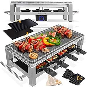 KESSER® Raclette Grill Edelstahl Tischgrill für 8 Personen – Partygrill 1500 W – mit 8 Pfannen und Holzspatel – Mit…