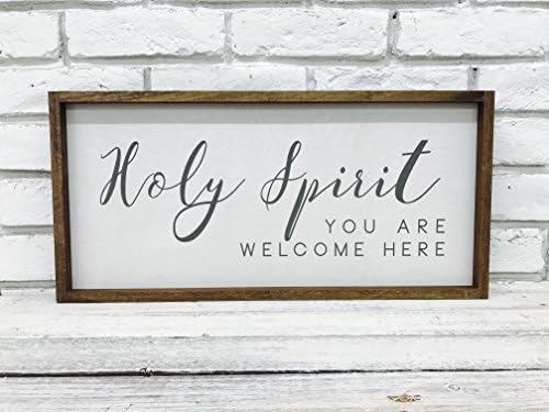 Holy Spirit You Are Welcome Here Spiritual Sign 12" x 24" with 1" walnut stained Wood Frame, Madi Kay Designs