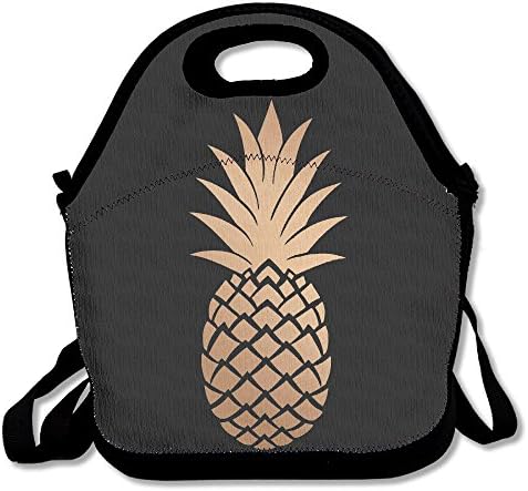 Gold Pineapple Black Lunch Bag Insulated Tote Handbag Lunchbox Food Container Gourmet Tote Cooler Warm Pouch With Shoulder Strap For Women Teens Girls Kids Adults
