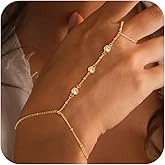 HABIKIP Valentine Gift 14K Gold Plated Hand Chain Bracelet for Women Trendy, 2 Pcs Stackable Gold/Silver Finger Ring Bracelet Hand Chain Dainty Non Tarnish Waterproof Set Jewelry Adjustable 7'+2