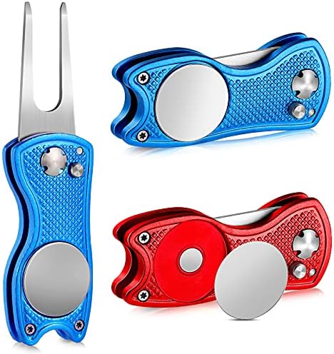 2 Pieces Golf Divot Repair Tool Stainless Steel Foldable Golf Repair Tool Magnetic Golf Ball Marker Tool with Pop Up Button Portable Golf Pitchfork, Red and Blue 2 Pieces Golf Divot Repair Tool Stainless Steel Foldable Golf Repair Tool Magnetic Golf Ball Marker Tool with Pop Up Button Portable Golf Pitchfork, Red and Blue