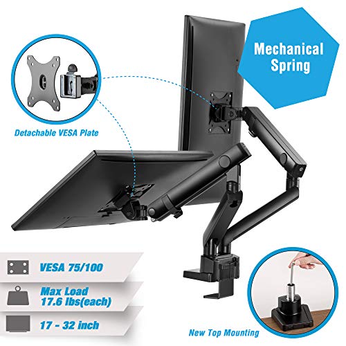AVLT-Power Aluminum Dual Monitor Mount Mechanical Spring Desk Arm Stand Riser – Ergonomic Adjustable and Full Motions, Heavy Duty Holds Two 17 to 32 inches Screens, Up to 17.6 lbs Each, VESA 75/100