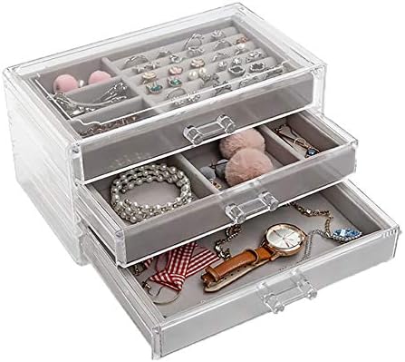 Jewelry Box, Jewelry Box, Accessory Case, Necklace, Ring, Earrings, 3 Tiers, 3 Cups, Interior, Velvet, Transparent Acrylic, Gift, Gray Color