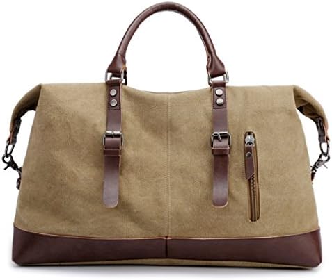 Classic Canvas Leather Duffel Bag Weekender Overnight Bag Carry on Travel Tote (Large-Khaki)