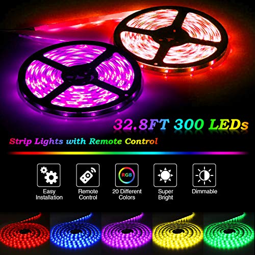 LED Strip Lights, Elfeland 32.8FT/10M 300LEDs SMD5050 RGB Light Strip IP65 Color Changing Rope Lights Tape Lights 44Keys IR Remote Controller Flexible Strips for TV Room Kitchen Party Decoration