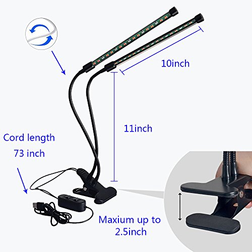LED Grow Light, LEDMEI 18W Dual Head Plant Grow Light Dimmable 2 Levels Grow Lights Desk Clip with Adjustable 360° Goose Neck for Indoor Hydroponics Greenhouse Garden Home Office Plants - Thumbnail 4