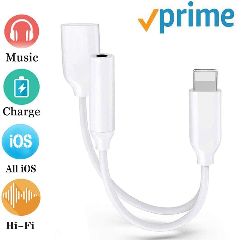 Adapter for iPhone Headphone Dongle 3.5 mm Jack Audio Charging Adaptor for iPhone X/Xs Max/XR/8/8Plus/7/7Plus Dual Ports Car Charger & AUX Adapter Connector Earphones Splitter Support All iOS - White