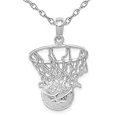 Gem And Harmony 14K White Gold Basketball in Hoop Pendant Necklace with Chain
