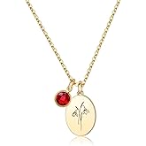 JRLCTECH Birth Flower Necklaces for Women, 18K Gold Plated Dainty Birthstone Pendant Necklaces Trendy Handmade Oval Coin Birth Month Flower Jewelry Birthday Gifts for Women Girls Teens