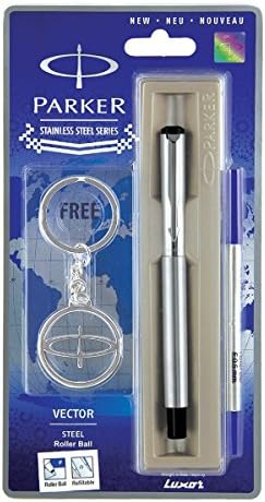 Parker Vector Stainless Steel Roller Ball Pen with GOLD TRIM / CHROME TRIM (choose color) and Free Premium Parker Key Chain (Stainless Steel CHROME TRIM with Keychain)
