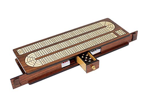 House of Cribbage - Continuous Cribbage Board Inlaid 4 Tracks Rosewood/Maple with Sliding Lids and Drawer