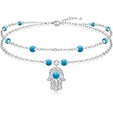 Talonior Anklets for Women S925 Sterling Silver Hand of Fatima Charm Dainty Evil Eye Hamsa Hand Anklet Adjustable Layered Bracelet Turquoise Jewelry Mothers Day Gifts for Mom
