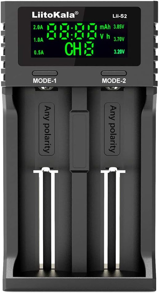 2-Bay Smart Battery Charger Universal Battery Charger Digital Display LiitoKala LII-S2 for 18650 26650 21700 AA AAA 18350 RCR123 14500 IMR 10440 Li-ion Ni-MH Ni-CD LiFePO4 Rechargeable Batteries