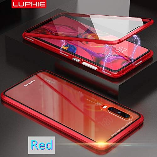 360° Full Body Case for Huawei P30 [Front and Back Double-Sided Glass] [Magnetic Adsorption] Metal Protection Cover Fit Huawei P30 Pro (Red, Huawei P30)