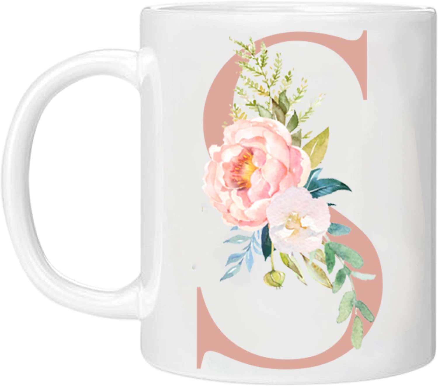 MOBILE STUFF Personalised Floral Mug Letter S - Any Alphabet 11oz Ceramic Coffee/Tea Cup Gift for Christmas, Birthday, Secret Santa, Mother’s Day Printed Glitter, NOT Real Glitter (Rose S)