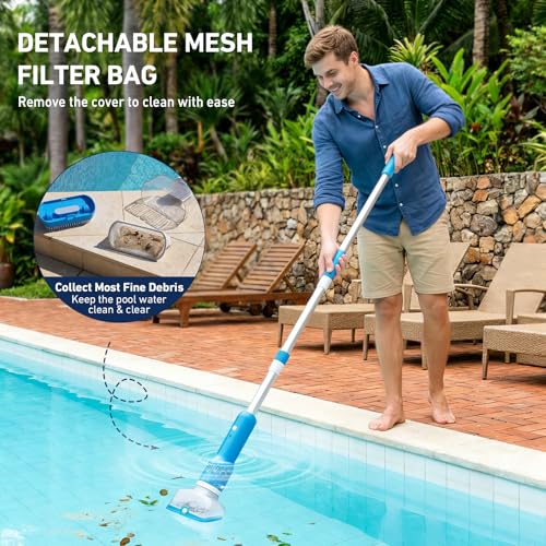 Aspirapolvere Piscina, Aspirapolvere Ricaricabile 3-in-1 con Palo Telescopico Regolabile (120cm-185cm), 70 Minuti di Funzionamento Aspirapolvere Pavimento Piscina per Piscine