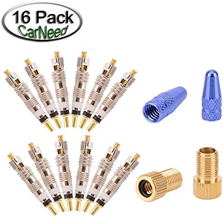 CarNeed 12 Pcs Presta Valve Cores with 2 Pcs Presta Valve Caps and 2 Pcs Presta to Schrader Valve Adaptors for Tubeless Road & MTB Bike Works w/Stan's Vittoria Continental Kenda and Bontrager(16 Pcs)