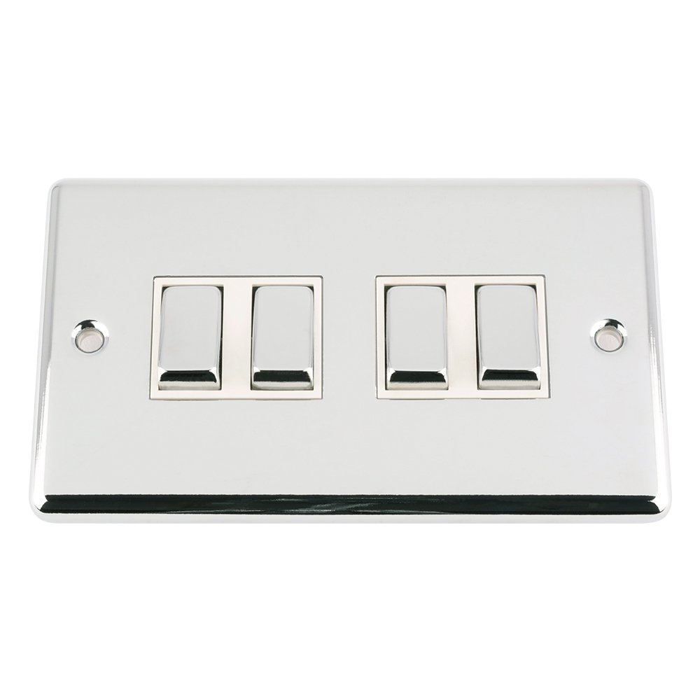 SWI4GCCWC 10 A 4 Gang 2 Way Classic Chrome Polished Quad Light Metal Rocker Switch with White Insert