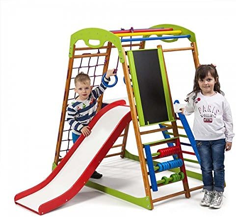 KindSport Kids home wooden playground toboggan ˝Babywood-Plus-3˝, climbing net, rings, swedish ladder