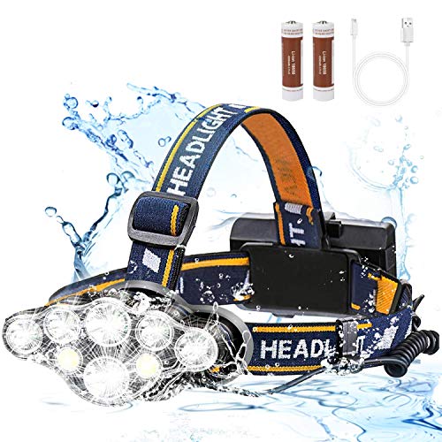 Headlamp, High Lumen Ultra Bright 8LED Headlight Flashlight with White Red Lights, USB Rechargeable Head Lamp with 2 Batteries, 8 Modes for Outdoor Camping Cycling Running Fishing - Thumbnail 7