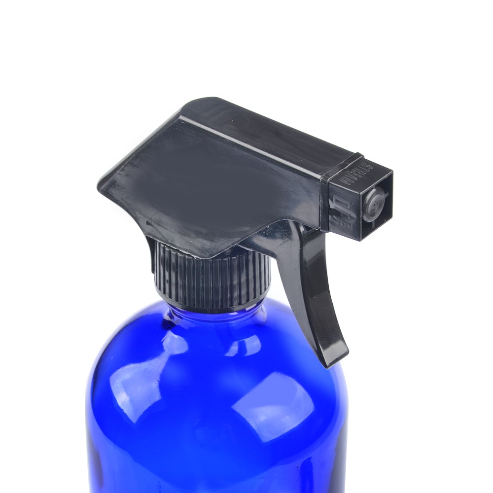 Two Blue Glass Spray Bottles with Black Trigger Sprayer.16 oz Refillable Bottle for Essential Oils,Cleaning Products,Aromatherapy,Organic Beauty Products.Stream and Spray Settings Available