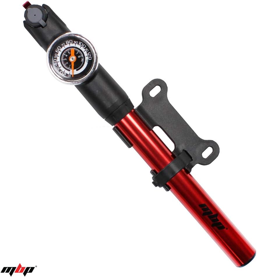 MBP Mini Bicycle Road Pump (Max Psi 120) Presta or Schrader, MTB or Road, Alloy Lever and Barrel, Metallic Red, Easy to use extendable Hose, Compact, Easy to Carry and Lightweight
