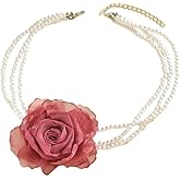 Layered Pearl Flower Choker Necklace Large Camellia Flower Necklace Multilayer Pearl Clavicle Fashion Statement Necklace Prom Party Banquet Wedding Dress Jewelry for Women