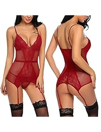 ADOME - Conjunto de lencería para mujer con liguero de encaje, conjunto de body de peluche, mini Babydoll