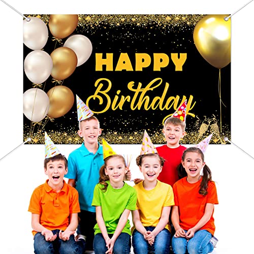 Happy Birthday Backdrop Banner 5.9x3.9 FT Extra Large Black and Gold Sign Poster for Birthday Anniversary Party Decoration Supplies, Style B