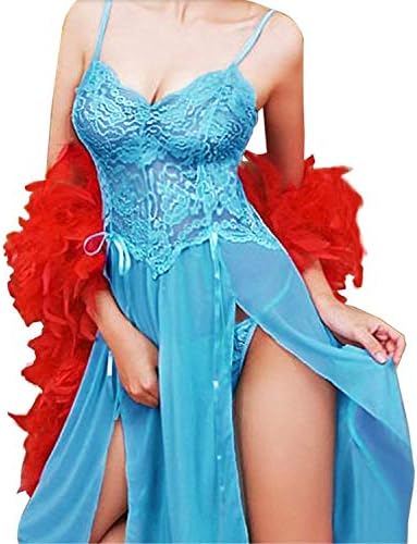 Privacy Novelties New Women Sleep Dress Sexy Perspective Embroidery Sling Lace Sleepwear and Lingerie Set Plus Size 5XL,X-Large,Blue