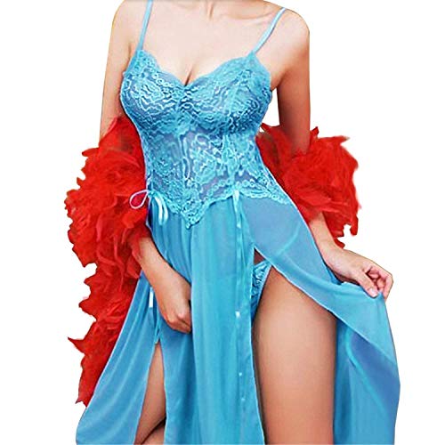 Privacy Novelties New Women Sleep Dress Sexy Perspective Embroidery Sling Lace Sleepwear and Lingerie Set Plus Size 5XL,X-Large,Blue