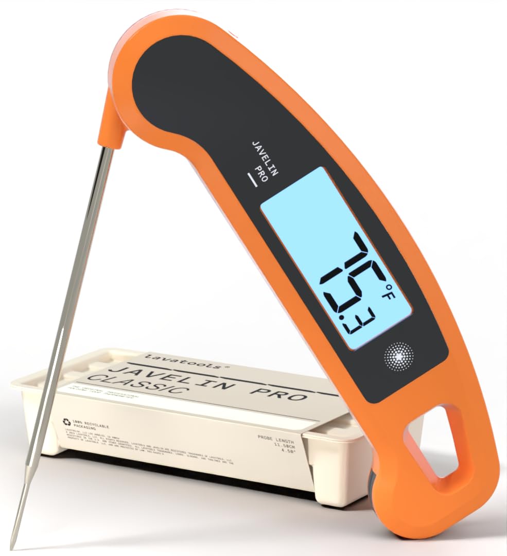 Lavatools PX1D Javelin PRO Duo Ultra Fast Professional Digital Instant Read Meat Thermometer for Grill and Cooking, 110cm Probe, Auto-Rotating Backlit Display, Splash Resistant – Tangerine