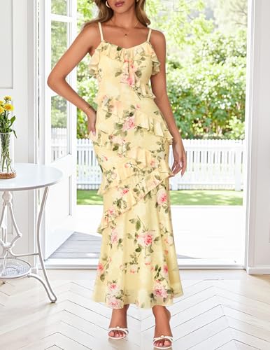 MEROKEETY Summer Floral Wedding Guest Maxi Dress Women 2026 Vacation Formal Bodycon Spaghetti Strap Cocktail Party Long Dress