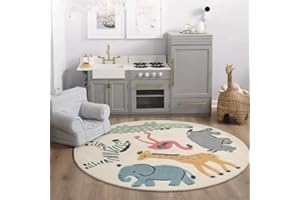 Poowe Cute Animals Kids Room Rug,39.4" Round Washable Area Rugs Rabbit Rug Nursery Rug for Baby Boys Girls Play Mat Floor Carpet Non Slip Soft Rugs for Living Room Bedroom Playroom Classroom