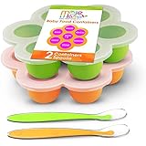 Best Homemade Baby Food Storage Container Freezer Trays - Reusable Food Container Silicon Tray With Clip On Lid - 2 Pack Bundle With 2 Bonus Spoons - BPA Free FDA Approved 2.6 Ounce - Green &amp; Orange