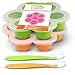 Best Homemade Baby Food Storage Container Freezer Trays - Reusable Food Container Silicon Tray with Clip On Lid - 2 Pack Bundle with 2 Bonus Spoons - BPA Free FDA Approved 2.6 Ounce - Green & Orange primary