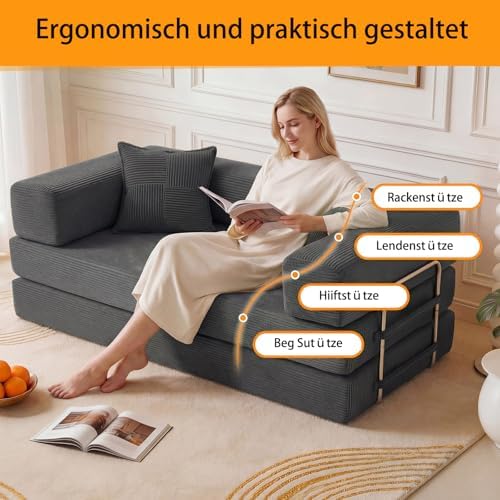Rahmenloses Schlafsofa, 160 cm, mit Schaumstoff und Federn, für Wohnzimmer, Grau