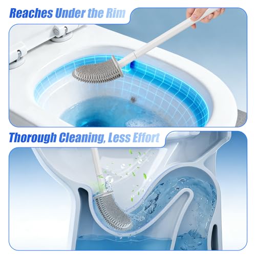 Toilet Brush, 2 Pack Bathroom Silicone Toilet Brushes and Holder Sets with No-Slip Long Plastic Handle and Soft Flexible Bristles, Toilet Brushes with holders and Base for Anti-drip (White)