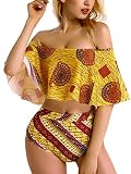 OGNEE Bohemian Bathing Suits Women Swimwears Flounce Ruffle Off Shoulder Bikini Set (Gold, Medium)