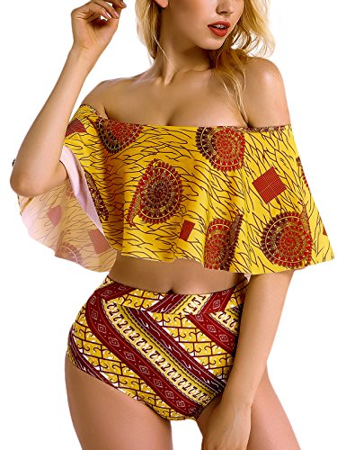 OGNEE Bohemian Bathing Suits Women Swimwears Flounce Ruffle Off Shoulder Bikini Set (Gold, Medium)