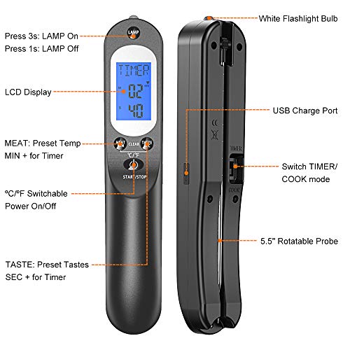 Comsoon Digital Meat Thermometer & Kitchen Timer, Instant Read Food Candy Thermometer for Grill Oven Smoker BBQ, Rechargeable Cooking Thermometer with USB Cable, Bright LCD Display & Flashlight